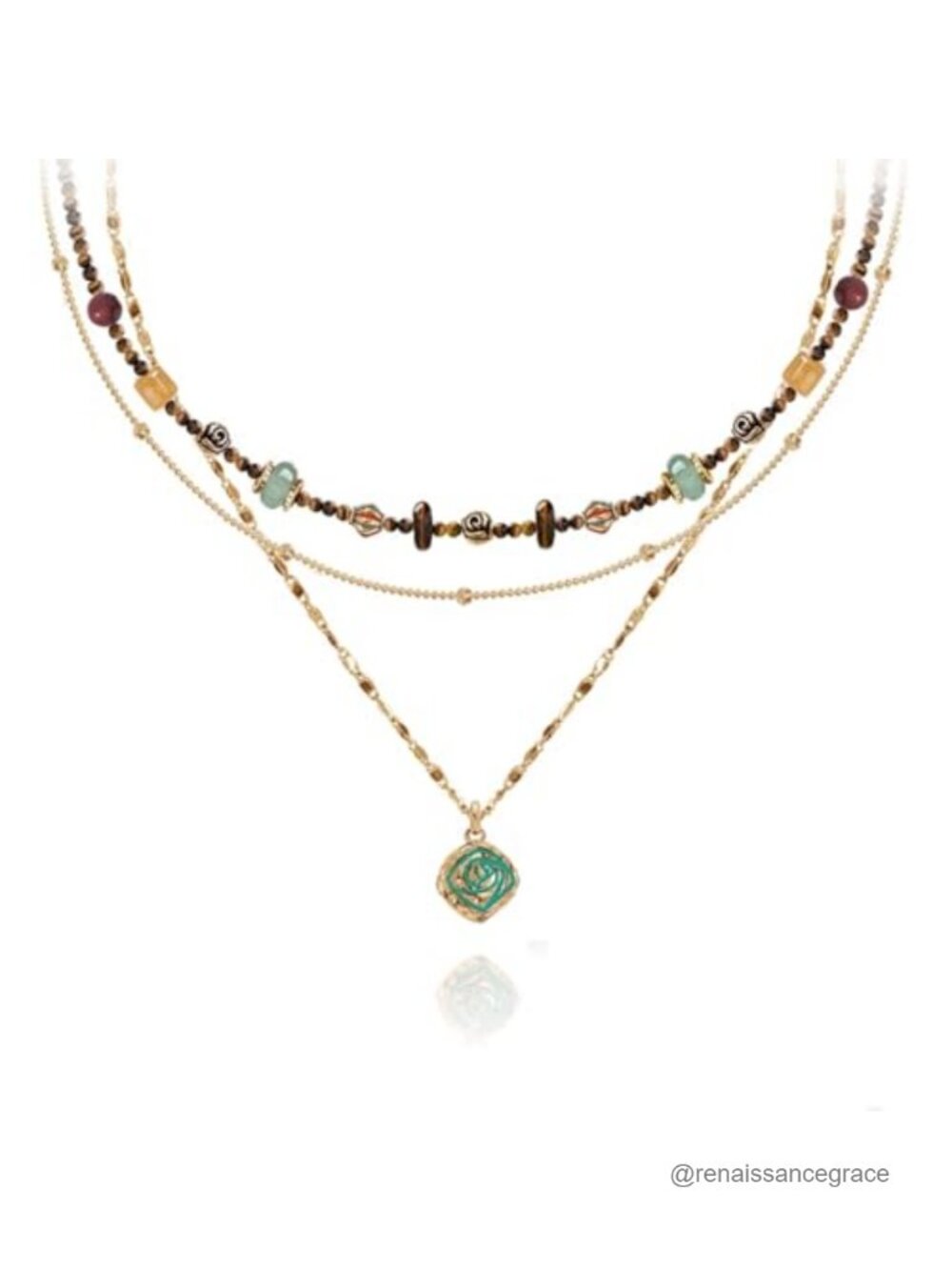 Multi-Layer Beaded Pendant Necklace Gold Plated Brass Fashion Jewelry